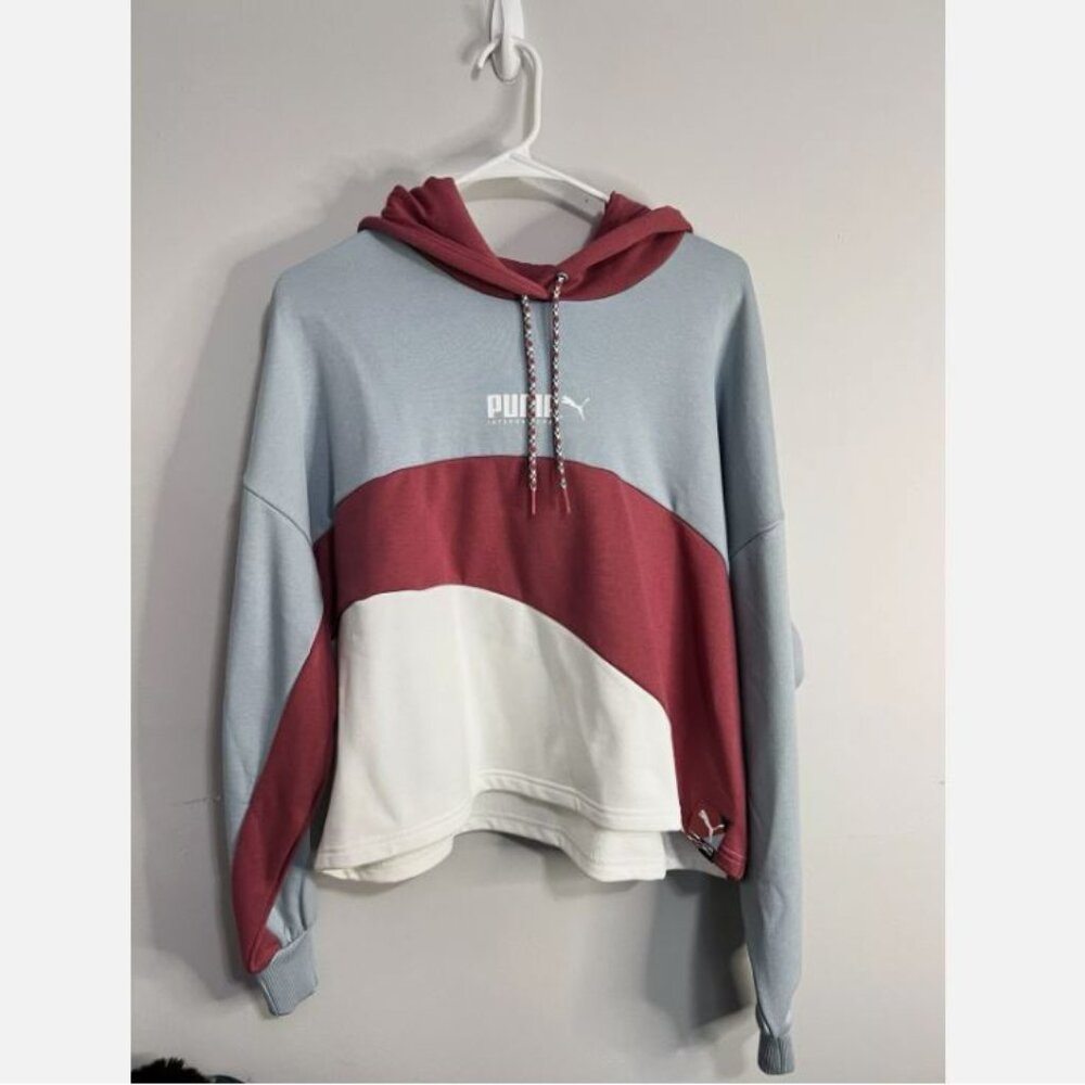 Puma Sweatshirt Women's L Colorblock Drawstring Hoodie Pullover Cropped